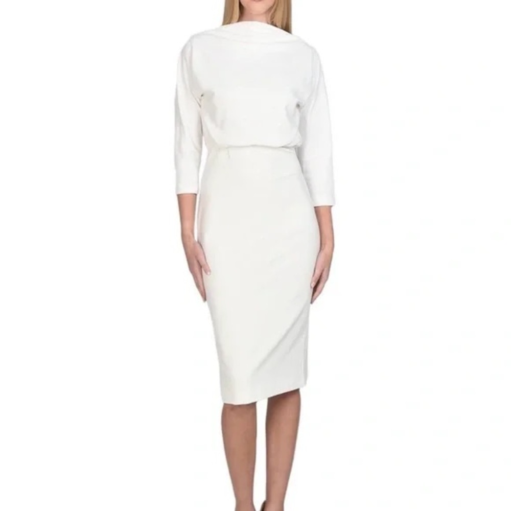 Badgley Mischka Ivory Stretch Faille Cowl Neck Midi Dress 3/4 Sleeve XS Bridal